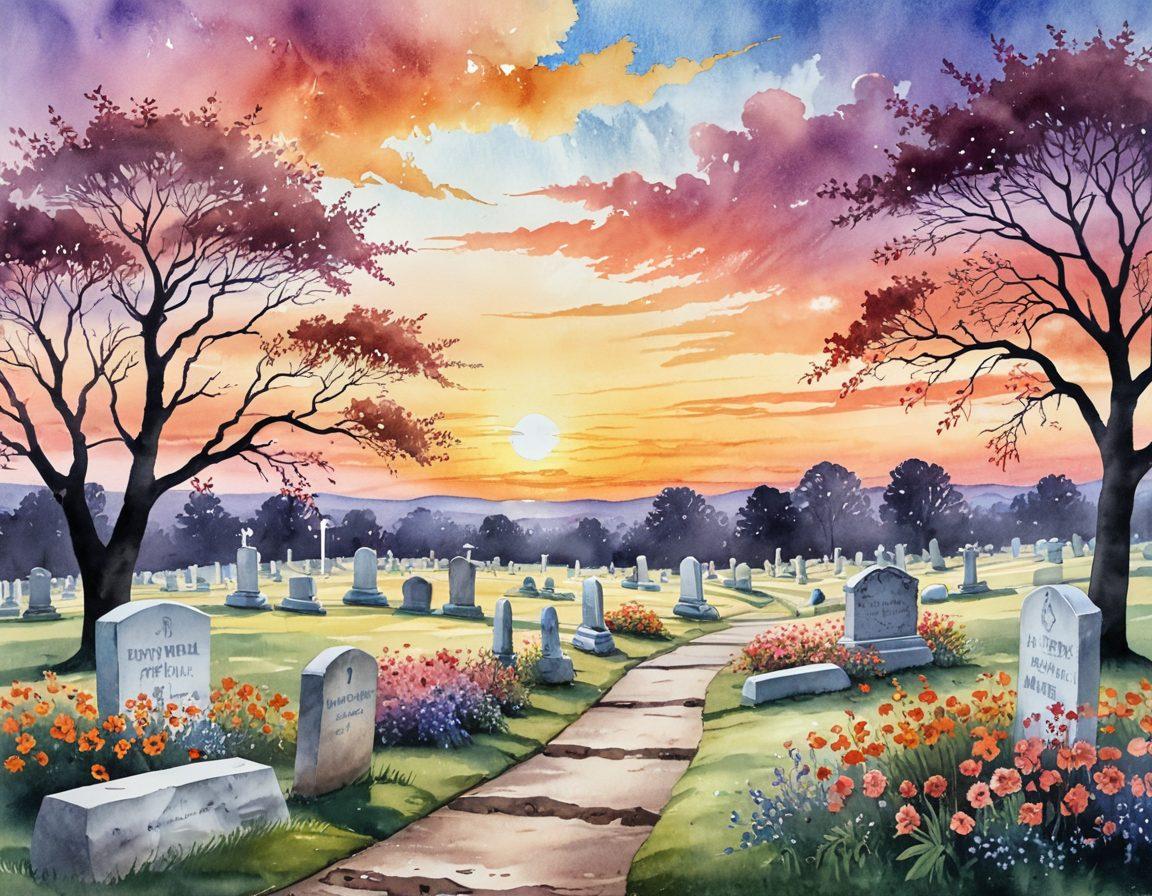 A serene landscape featuring a soft sunset behind a peaceful cemetery, with beautifully arranged flowers on simple gravestones. A comforting figure in silhouette holds an umbrella, symbolizing support, while gentle clouds float above, hinting at hope. Include a winding path leading towards light, inviting viewers to feel solace and reflection. watercolor painting. warm tones. soothing atmosphere.