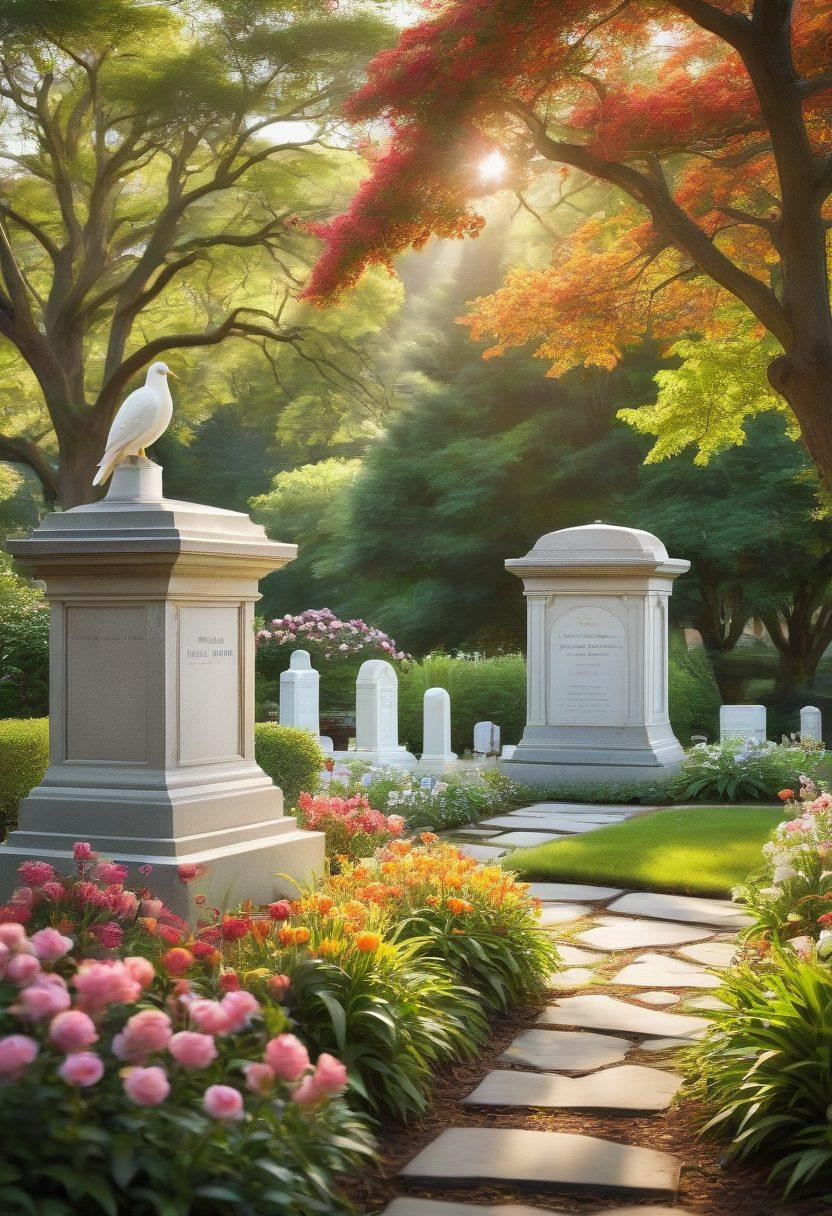 A serene landscape depicting a tranquil cemetery surrounded by blooming flowers and tall trees, featuring diverse funeral options like a classic stone tombstone, a modern biodegradable urn, and a peaceful columbarium. Soft sunlight filters through the leaves, giving a warm, comforting feel. Include subtle symbols of remembrance such as candles and doves. The scene evokes a sense of peace and reflection. vibrant colors. super-realistic.