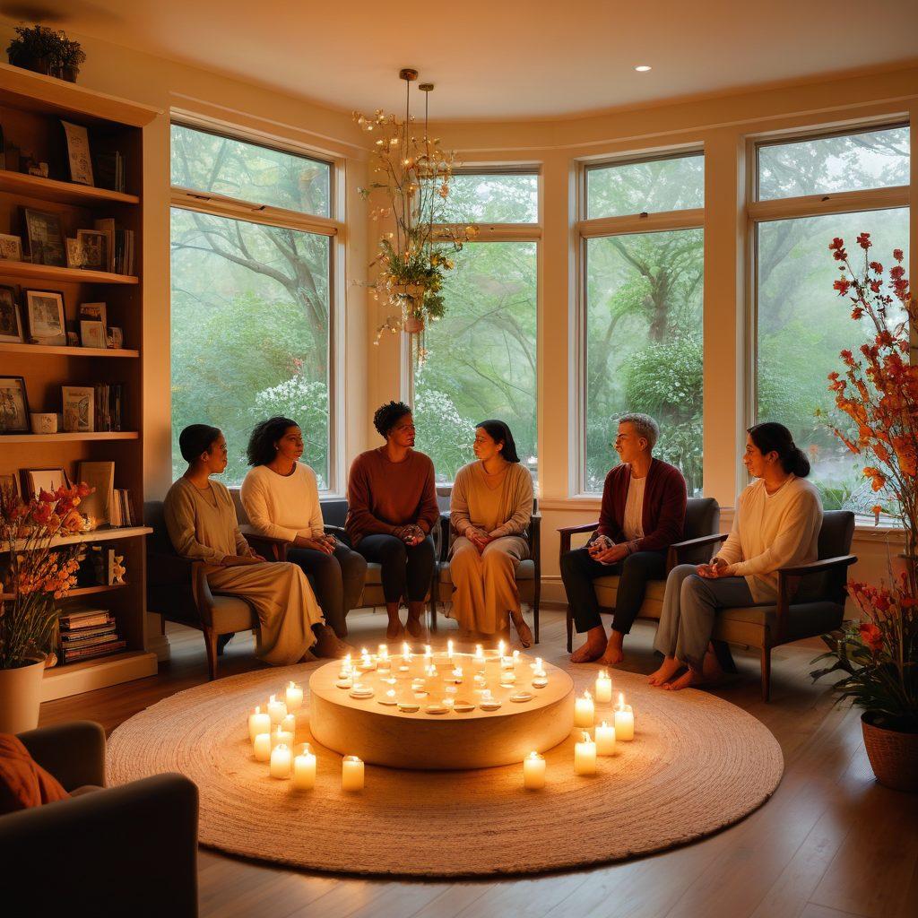 A serene and comforting scene depicting a support group in a warm, inviting room, surrounded by soft lighting and gentle colors. In the foreground, a diverse group of people sharing their stories, with a table featuring candles and flowers, symbolizing hope and remembrance. Background elements include a bookshelf filled with resources on grief support and a window showing a peaceful garden outside. Reflective and healing atmosphere. super-realistic. warm colors. soft focus.